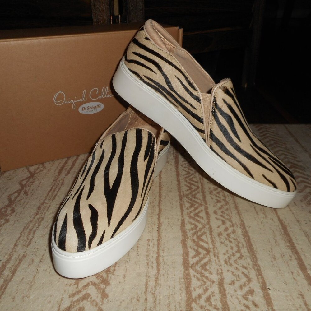 NIB Dr. Scholl's fur with zebra pattern slip on, size 8